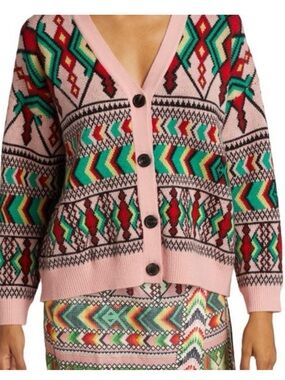 FARM RIO WOMENS PINK PATTERNED TROPICAL CARDIGAN SWEATER MEDIUM WOOL